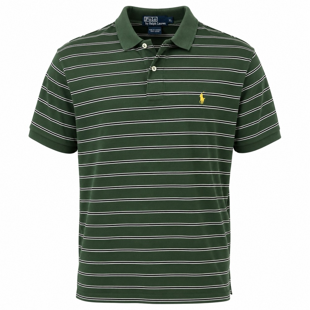 Ralph Lauren Polo XL Green Striped Shirt-Yellow Pony-Cotton-Vintage Hong Kong